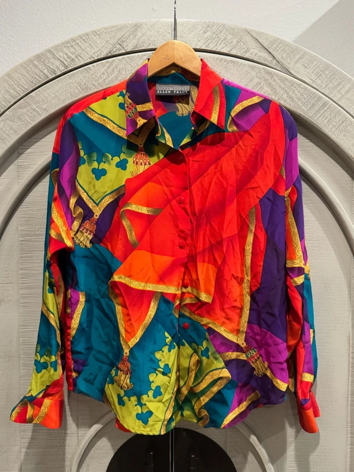 Blusa Top Vintage Ellen Tracy Seda Colorido Bufanda Estampado Ecuestre 100% Seda 90 Foto 1 de 4