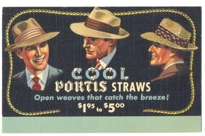 Cool PORTIS STRAW HATS Catch the Breeze! 1942 Linen AD Postcard  - Rare - Picture 1 of 2