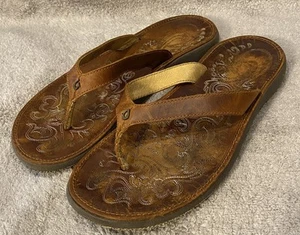 Olukai Paniolo Women’s Brown Leather Sandals Size 8 Flip Flops Slides - Picture 1 of 7