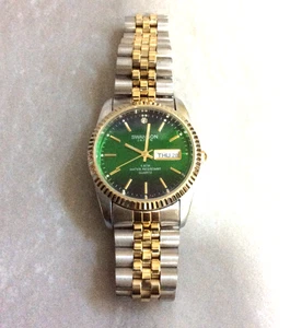 Swanson Herrenuhr rund grün Datum Zifferblatt Index Stunden bicolor Gliederband Neu! - Bild 1 von 2