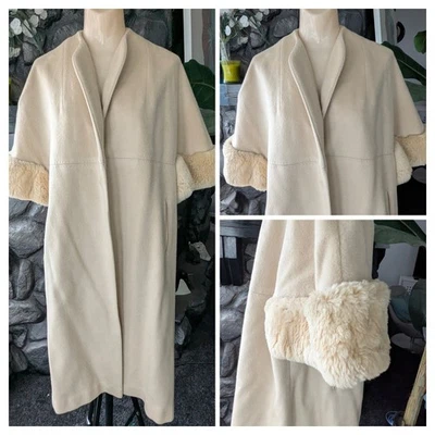 Vintage Cashmere Cream Coat Wide Faux Fur Cuffed Sleeves 3/4 Sleeves M/L - Image 1 of 4