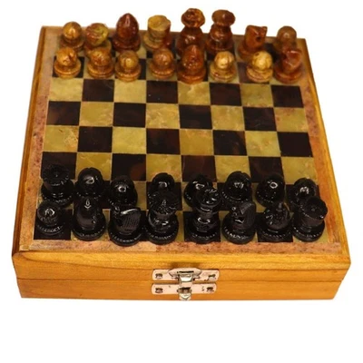 Handmade Wooden Marble Chess Board Set with Storage Box 6 x 6 Inches - Image 1 of 4