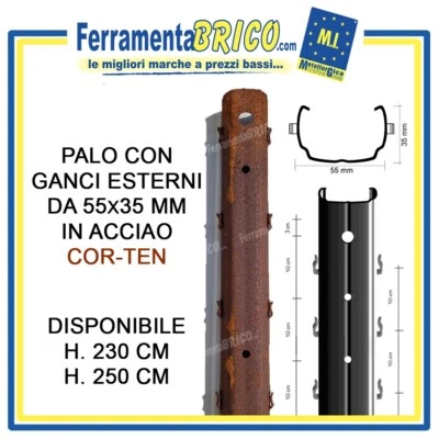PALO CON GANCI ESTERNI 55x35 MM VIGNETO PALI TUTORI PER VIGNA IN ACCIAIO COR-TEN