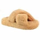 Womens Comfortable Faux Fur Slides CrossOver Strappy Warm Peep Toe Yeah Slippers
