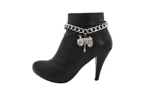 Women Silver Metal Chain Boot Bracelet Western Shoe Anklet Horse Saddle Charm - Picture 1 of 12