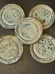 Vintage Studio Art Pottery Coasters 4” Green Leaf Print Clay Pottery Felt Bottom - Picture 1 of 12