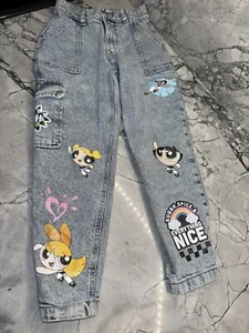 PowerPuff Girls Justice Easy Fit Jeans Girls Size 8 Acid Washed Mom - Picture 1 of 6