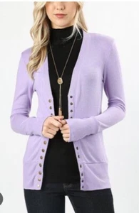 Women's Long Sleeve Light Lavender Purple Snap Button V-Neck Cardigan Sweater S - Picture 1 of 4