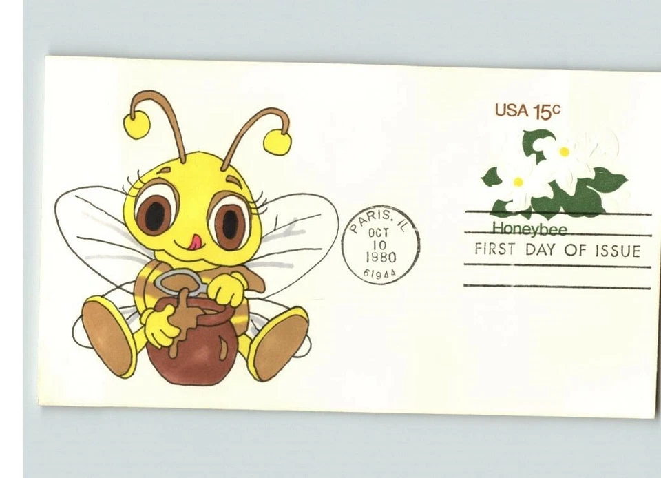 HONEY BEE Hand Painted Stamped envelope, # 1 of 1 made, 1980 First Day of Issue - Image 1 of 1