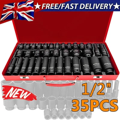 35 Piece Heavy Duty Car Truck Deep Impact Socket Set 1/2" Drive 8- 32mm Metric - Image 1 of 4