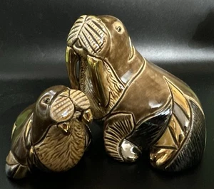 De Rosa Rinconada ~ Handmade Stoneware ~ WALRUS & BABY ~  w/ Gold Accents - Picture 1 of 15