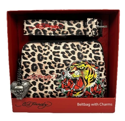 Bolso Cinturón Ed Hardy Leopardo Tigre con Dijes Tachonado Estampado Tatuaje Nuevo con Etiquetas Foto 1 de 4