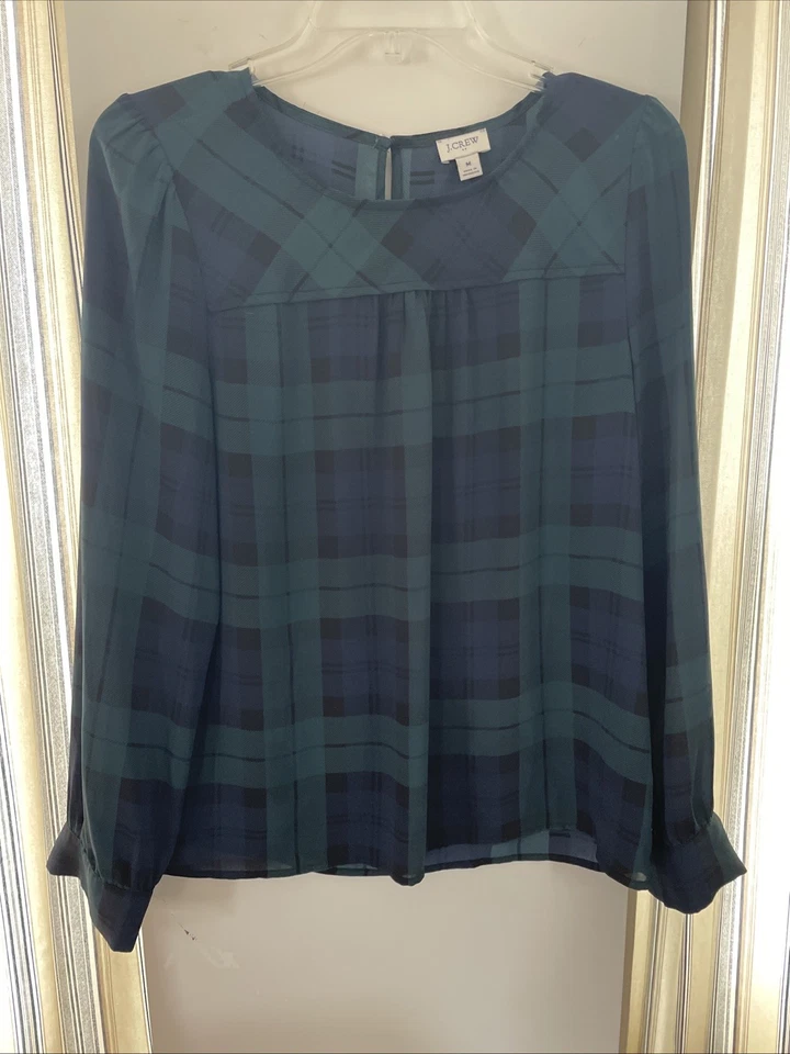 J. Blusa Top Crew Azul Marino Verde Tartán Cuadros Talla M Manga Larga Foto 1 de 4