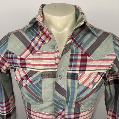 Vtg 70s Indian Madras Shirt Button Plaid Made in India MCM Mad Man Mens Small - Image 1 of 4