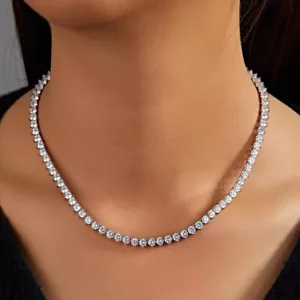 Collana Tennis 38ct Creata Taglio Tondo Diamante Placcato Oro Bianco 14K Set 3 Punte - Foto 1 di 8