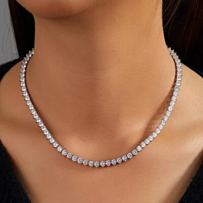 38ct Created Round Cut Diamond 14K White Gold Plated 3 Prong Set Tennis Necklace - Image 1 of 4