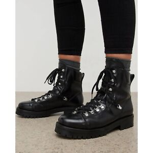 All Saints Franka Boot Shearling Black Lace Up Hiker Leather Military Combat 37