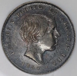 1854 NGC AU 55 Portugal 100 Reis Pedro V One Year Type Silver Coin (18122805C) - Picture 1 of 6