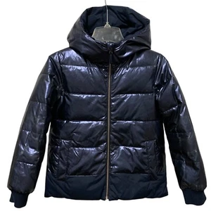 Crewcuts Shiny Puffer Jacket Girls’ Sz Large Reversible Navy Blue PrimaLoft Hood - Picture 1 of 8