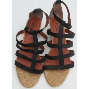 Lucky Brand Sandals Womens 9 Strappy Gladiator Black Leather Open Toe Low Wedge - Bild 1 von 10