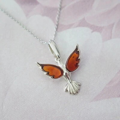 Argento Sterling & Cognac Ambra Colibrì Ciondolo Collana - Immagine 1 di 3