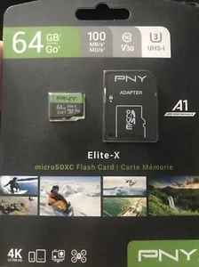 PNY P-SDU64GU3100EX-GE 64GB Elite-X Class 10 U3 V30 MicroSDXC Flash Memory Card - Picture 1 of 1