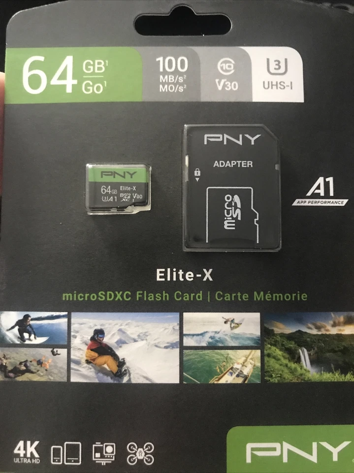 PNY P-SDU64GU3100EX-GE 64GB Elite-X Class 10 U3 V30 MicroSDXC Flash Memory Card - Image 1 of 1
