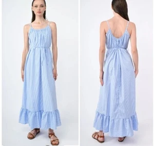Maxi abito NUNA LIE balza italiana a righe con cintura a strati blu cielo Wms M/L nuovo con etichette - Foto 1 di 21