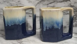 Vtg Rodolfo Padilla Coffee Mugs Set Of 2 Blue Drip Glaze Stoneware Kokopelli - Picture 1 of 8