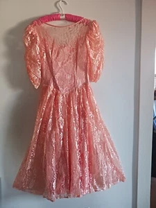VTG Peach Lace Dress Prom Bridesmaid Formal Puff Sleeves Bow Back 80s Xs S - Picture 1 of 12