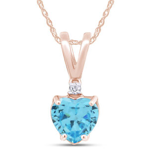 1 Ct Heart Shape Aquamarine & Real Diamond Drop Pendant Necklace 10k Yellow Gold
