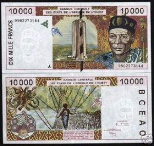 WEST AFRICAN STATES Ivory Coast 10000 FRANCS P-114A 1999 UNC BIRD WAS BANK NOTE - Picture 1 of 5
