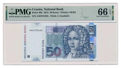 Billete croacia 50 kunas 2012 grado PMG MS 66 EPQ gema sin circular Foto 1 de 4
