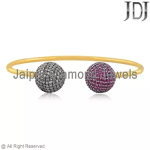 Natural Ruby Gemstone Pave Diamond 925 Sterling Silver Open Cuff Bangle Jewelry - Picture 1 of 3