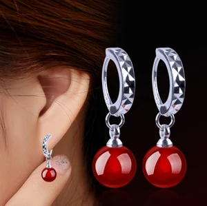 Womens Round Red Ball Huggie Hoop Earrings Fashion 925 Sterling Silver Plated - Picture 1 of 2