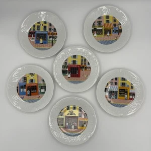 VTG Philippe Deshoulieres France Set of 6 CANAPE PLATES Merchant Row Storefronts - Picture 1 of 9