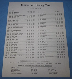 Pairings and Start Time Sheet ~ Masters Golf Tournament ~ Sunday April 14, 1985 - Picture 1 of 3