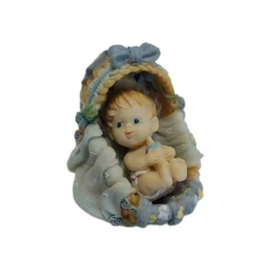 Vintage Ceramic Baby In Basket Bassinet Set Blue Cradle 2" Christmas  - Picture 1 of 6