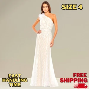 Neu mit Etikett Mac Duggal 11317 Straußenfeder & Spitze One-Shoulder-Kleid Größe 4 weiß elfenbein - Bild 1 von 4