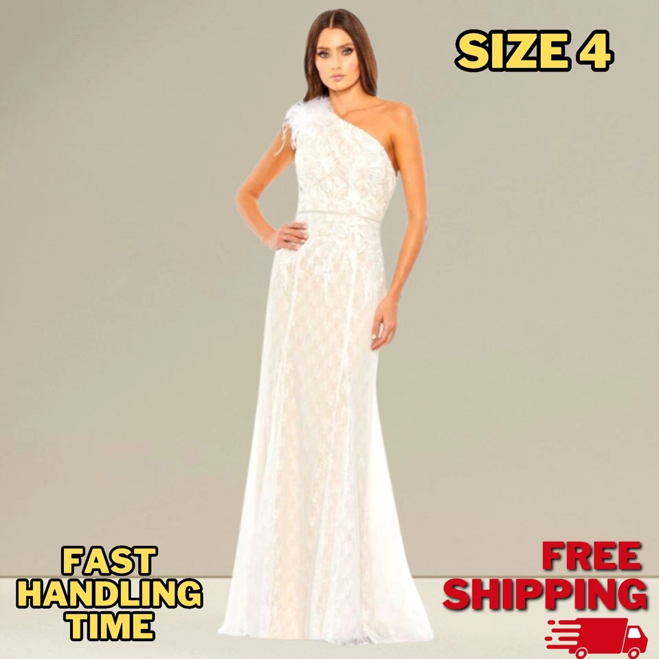 NWT MAC DUGGAL 11317 Ostrich Feather & Lace One Shoulder Gown Size 4 White Ivory - Image 1 of 4