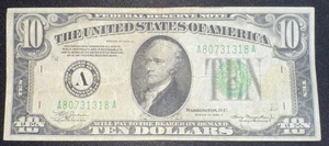 1934-A 10 Dollar Bill Green Seal Note Boston Federal Reserve Extra ink cut line  - Picture 1 of 2
