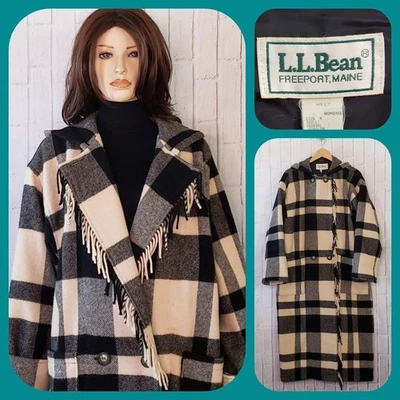 VTG L.L. Bean Women's Hooded Wool Blanket Coat Black White Buffalo Plaid Fringe - Image 1 of 4