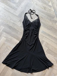 Halterneck Black Ruched Studded Y2K Vintage Floaty Party Dress Size Large - Picture 1 of 8