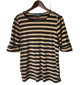 Lauren Ralph Lauren Womens Plus 1X Top Black Gold Striped Short Sleeve Sweater - Picture 1 of 5