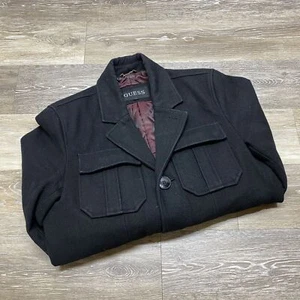 GUESS Button Down Wool Long Sleeve Black Cargo Pea Coat Men's Size Small - Picture 1 of 9