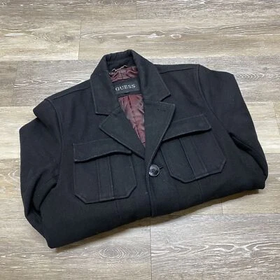 GUESS Button Down Wool Long Sleeve Black Cargo Pea Coat Men's Size Small - Image 1 of 4