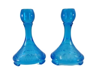 Fostoria Saint Alexis Turquoise Glass Candle Holders Etched Floral - Picture 1 of 12