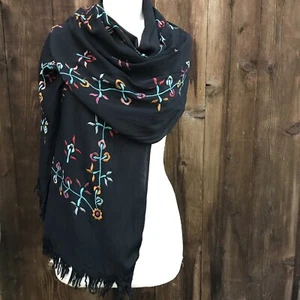 vintage putumayo black embroidered scarf shawl Rayon boho chic - Picture 1 of 6