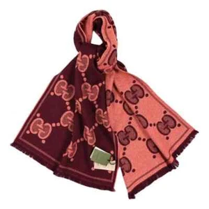 GUCCI Wool LAME JACQUARD Monogram JUMBO GG Lady Nest Lux SCARF Salmon & Bordeaux - Picture 1 of 9
