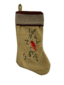 Santas Best Stocking Christmas Eve Felt Embroidered Bird Tan Green 18" - Picture 1 of 5